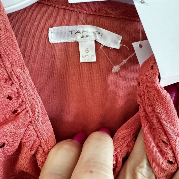 Tahari Girl Size 6 Eyelet Dress Salmon With Hair Scrunchie & Built-In Slip NWT’s - Picture 8 of 9